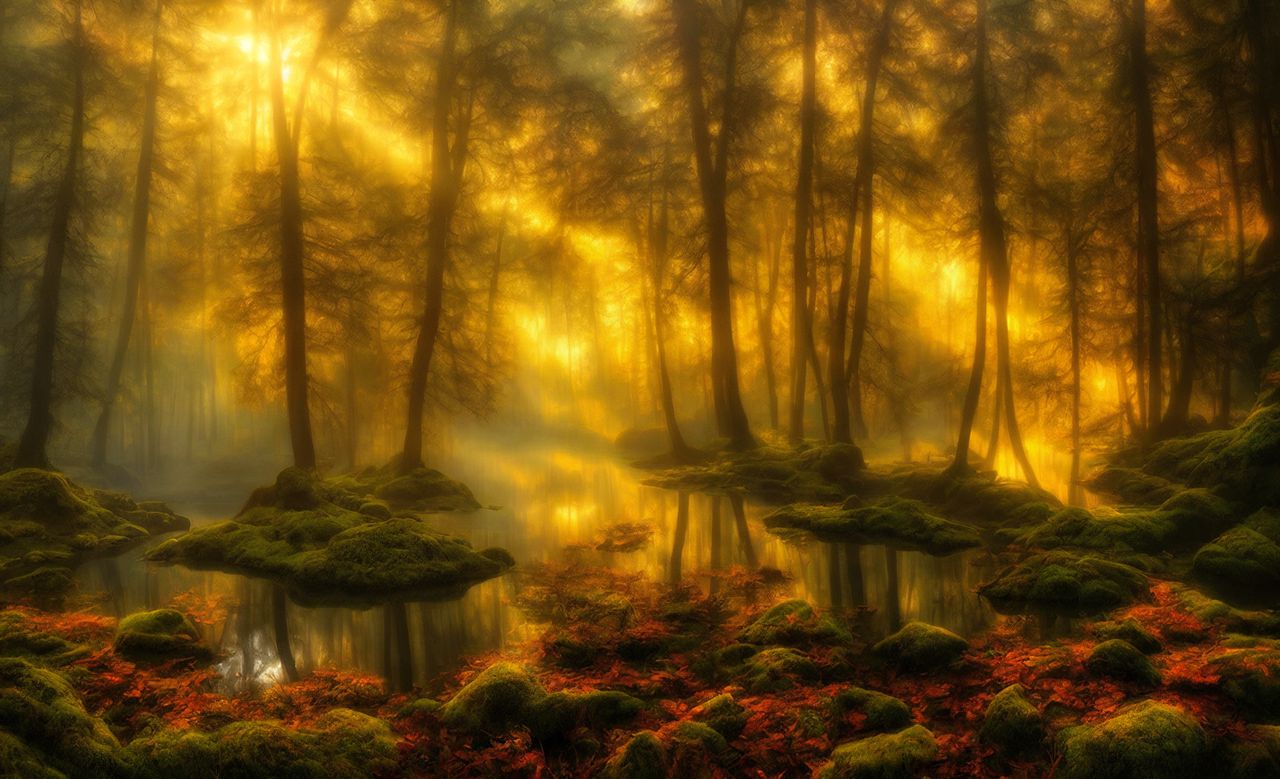 A captivating view of sunlit trees in a misty forest with vibrant foliage.